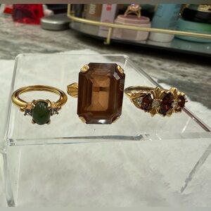 Vintage Avon & Park Lane 3 Ring Lot Gold Tone Green, Amber, Smoky Topaz Stones